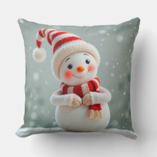 Cheerful Snowman Figurine with Holiday Hat Cushion