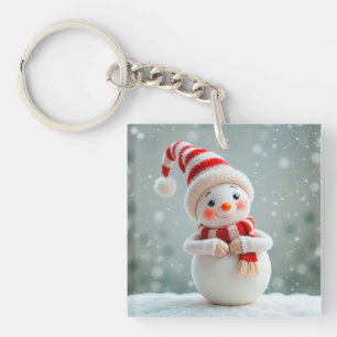 Cheerful Snowman Figurine with Holiday Hat Key Ring