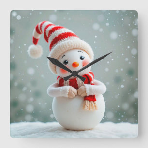 Cheerful Snowman Figurine with Holiday Hat Square Wall Clock