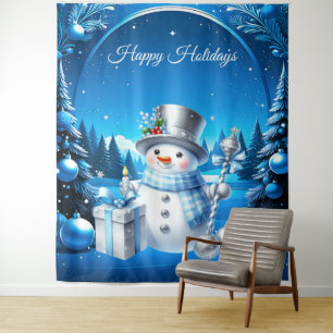 Cheerful Snowman in a Snowy Forest Backdrop Tapestry
