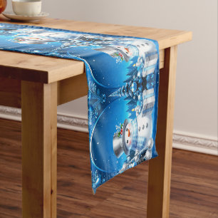 Cheerful Snowman in a Snowy Forest Table Runner