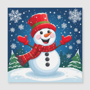 Cheerful Snowman in Red Scarf and Hat