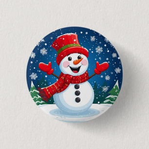 Cheerful Snowman in Red Scarf and Hat 3 Cm Round Badge