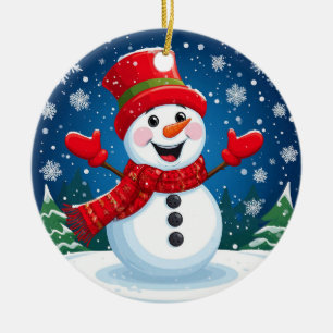 Cheerful Snowman in Red Scarf and Hat Ceramic Ornament