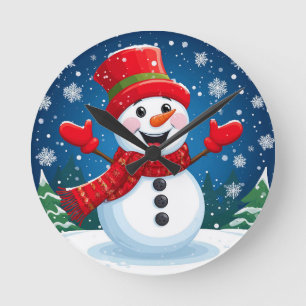 Cheerful Snowman in Red Scarf and Hat Round Clock