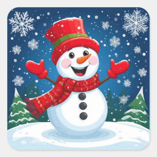 Cheerful Snowman in Red Scarf and Hat Square Sticker