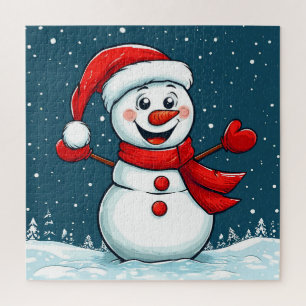 Cheerful Snowman in Santa Hat with Scarf Jigsaw Puzzle