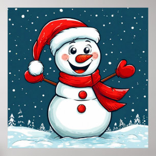 Cheerful Snowman in Santa Hat with Scarf Poster