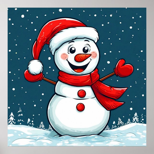 Cheerful Snowman in Santa Hat with Scarf Poster (Front)