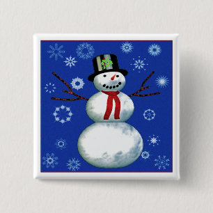 cheerful snowman in top hat 15 cm square badge