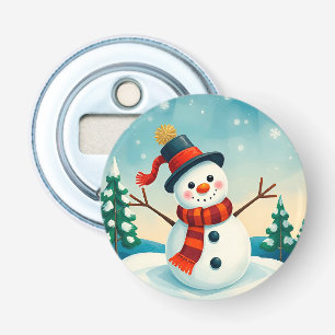 Cheerful Snowman in Winter Landscape Bottle Opener