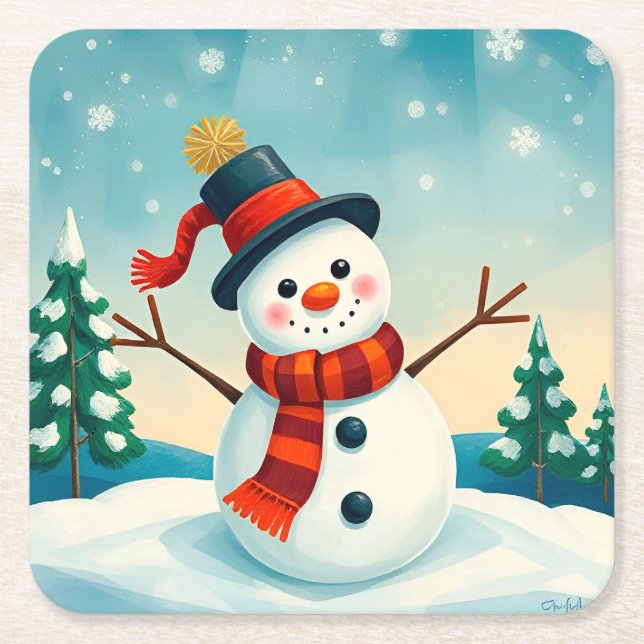Cheerful Snowman in Winter Landscape Square Paper Coaster (Front)