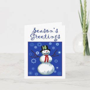 cheerful snowman on blue with snowflakes holiday card