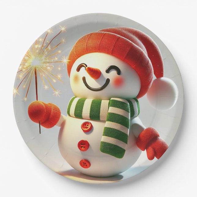 Cheerful Snowman Paper Plate (Front)