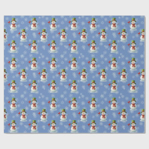 Cheerful Snowman & Red Cardinal Blue Winter Patter Wrapping Paper