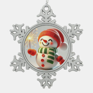 Cheerful Snowman Snowflake Pewter Christmas Ornament