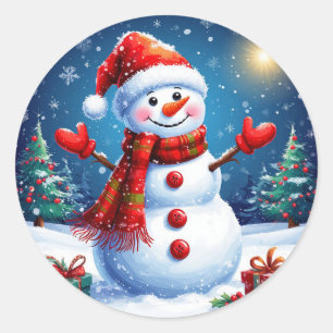 Cheerful Snowman Wearing a Santa Hat Classic Round Sticker