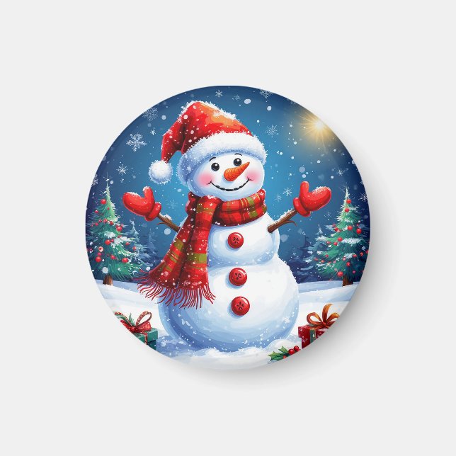 Cheerful Snowman Wearing a Santa Hat Magnet (Front)