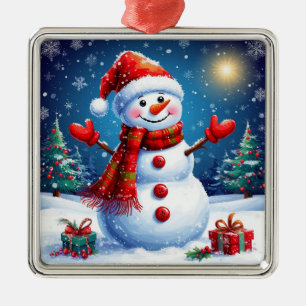 Cheerful Snowman Wearing a Santa Hat Metal Ornament