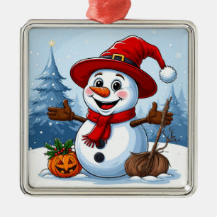 Cheerful Snowman Wearing a Santa Hat Metal Ornament