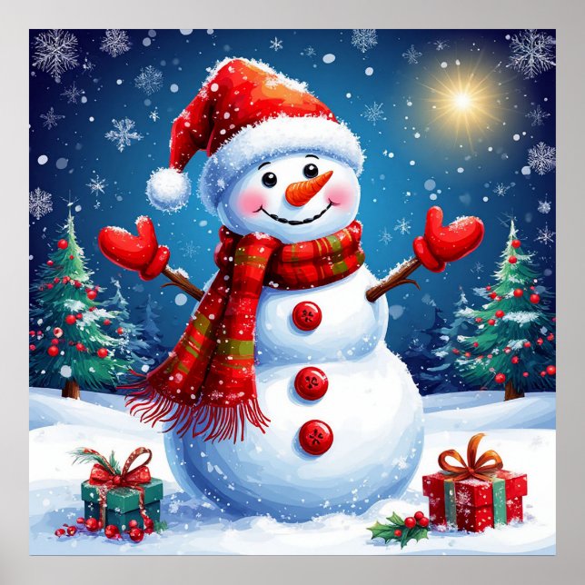Cheerful Snowman Wearing a Santa Hat Poster (Front)