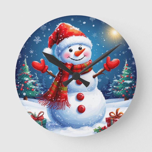 Cheerful Snowman Wearing a Santa Hat Round Clock (Front)