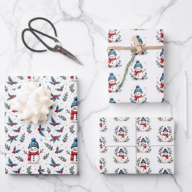 Cheerful Snowman & Winter Foliage Pattern Wrapping Paper Sheet (Front)