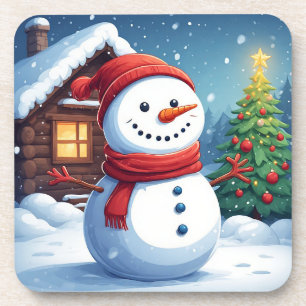 Cheerful Snowman with Christmas Tree Coaster