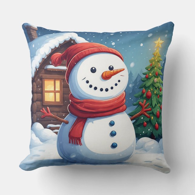 Cheerful Snowman with Christmas Tree Cushion (Front)