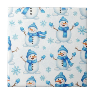 Cheerful Snowmen and Blue Snowflakes – Winter Ceramic Tile