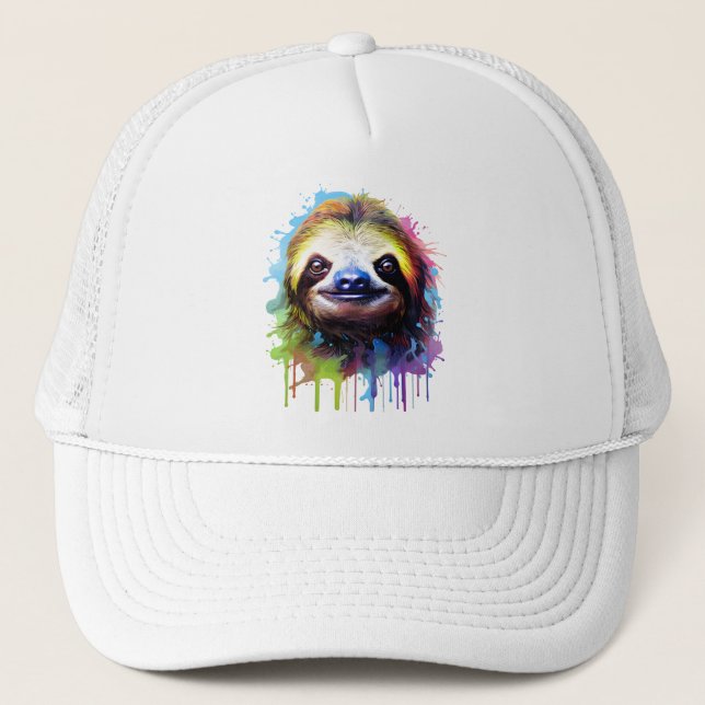 Cheerful Splatter Sloth Trucker Hat (Front)