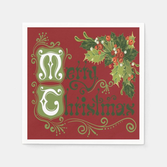 Cheerful Sprigs of Holly in Red Background Napkin (Front)