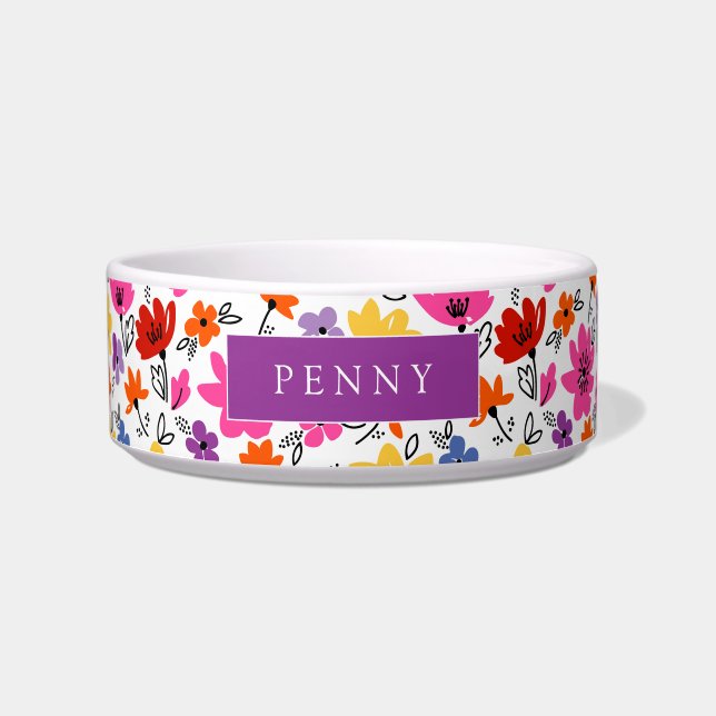 Cheerful Spring Flowers Personalised Dog Bowl (Front)