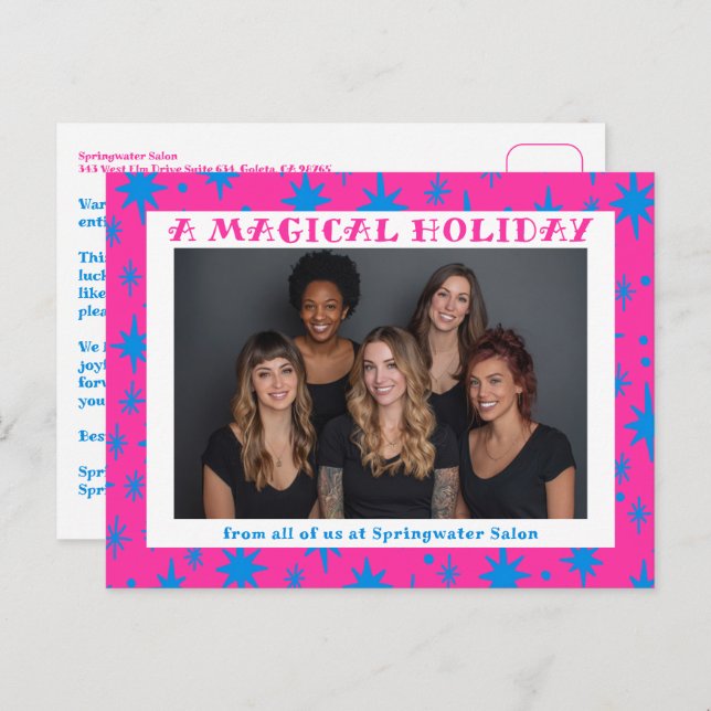 Cheerful Stars Pink Blue Christmas Custom Business Holiday Postcard (Front/Back)