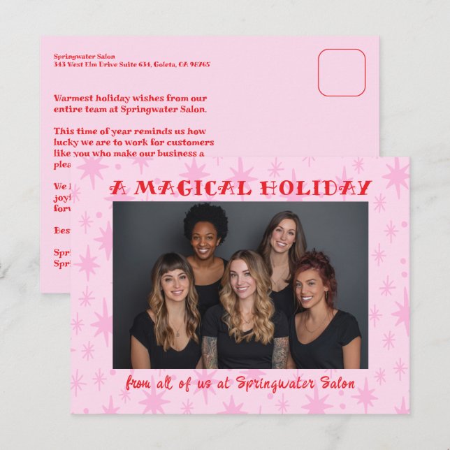 Cheerful Stars Pink Red Christmas Custom Business Holiday Postcard (Front/Back)