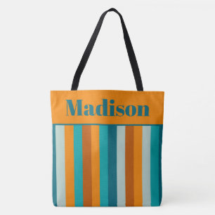 Cheerful Stripe Pattern Orange Aqua Personalised Tote Bag