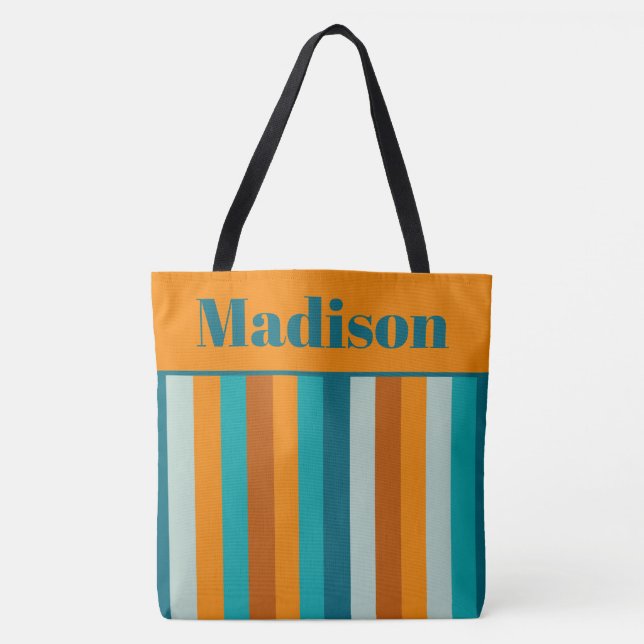 Cheerful Stripe Pattern Orange Aqua Personalised Tote Bag (Front)