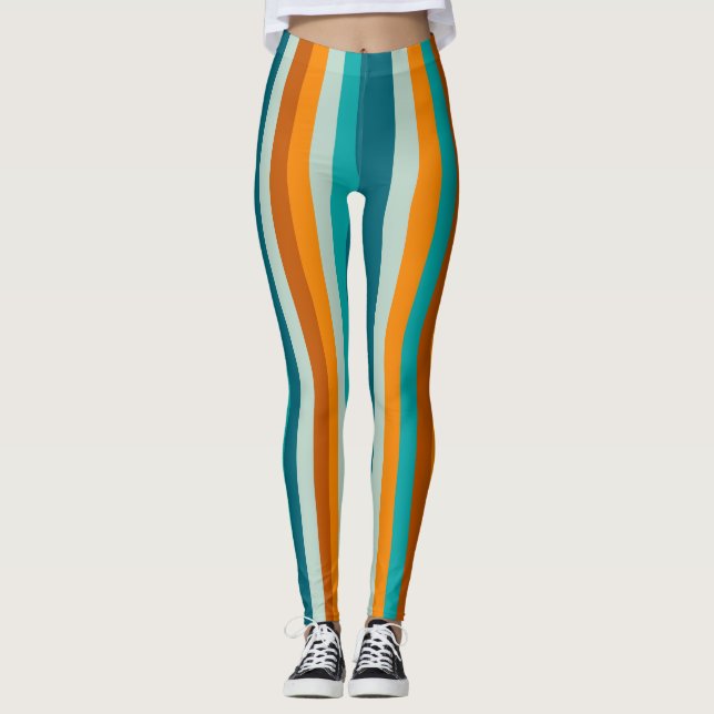 Cheerful Stripes Vertical Aqua Orange Rust Leggings (Front)