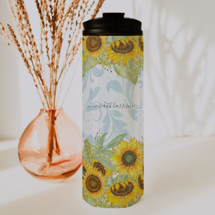 Cheerful Summer Sunflower & Paisley   Monogram Thermal Tumbler