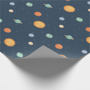Cheerful Sun and Planets Space Doodles Pattern Wrapping Paper