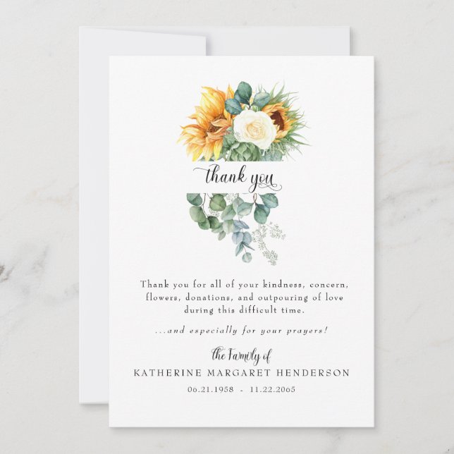 Cheerful Sunflower Bereavement Funeral Thank You Card (Front)