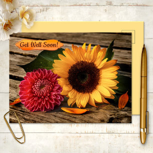 Cheerful Sunflower Dahlia Get Well Soon Postcard