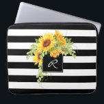 Cheerful Sunflowers and Stripes with Monogram Laptop Sleeve<br><div class="desc">A bouquet of cheerful sunflowers spills over a square frame surrounding your monogram in this stripes and floral design. Colours are black and white with floral bouquet in yellow and green with brown centres. Insert your monogram in place of the sample monogram shown in the design template.</div>