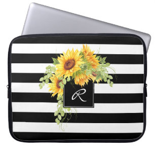 Cheerful Sunflowers and Stripes with Monogram Laptop Sleeve