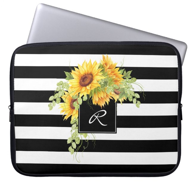 Cheerful Sunflowers and Stripes with Monogram Laptop Sleeve (Front)