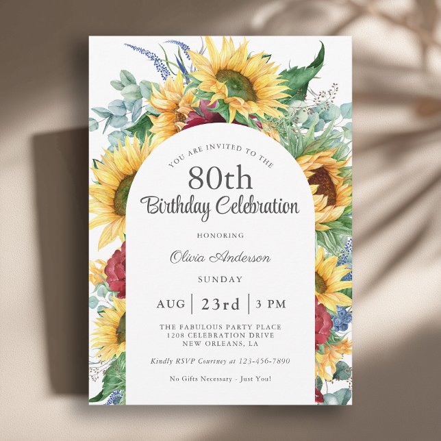 Cheerful Sunflowers Botanical 80th Birthday Party Invitation (Available in both printed and instant download digital format.)