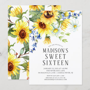 Cheerful Sunflowers Sweet Sixteen Birthday Party Invitation