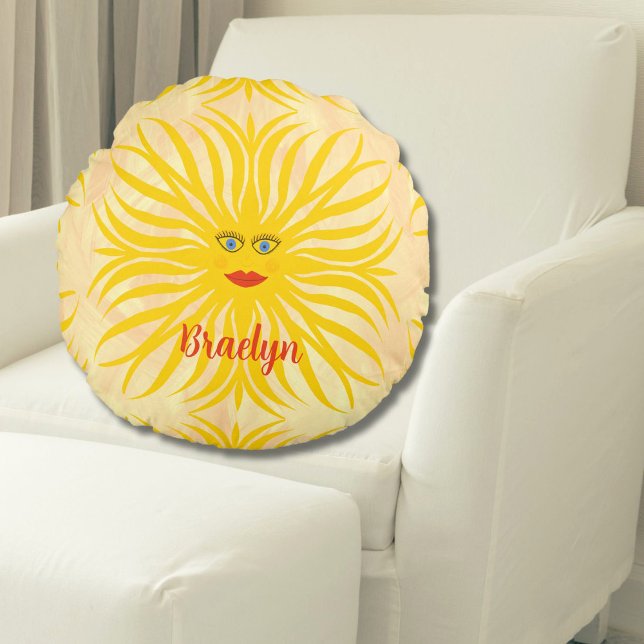 Cheerful Sunshine Sun Yellow Child Illustration Round Cushion (Happy Sunshine Sun Personalized Round Pillow)