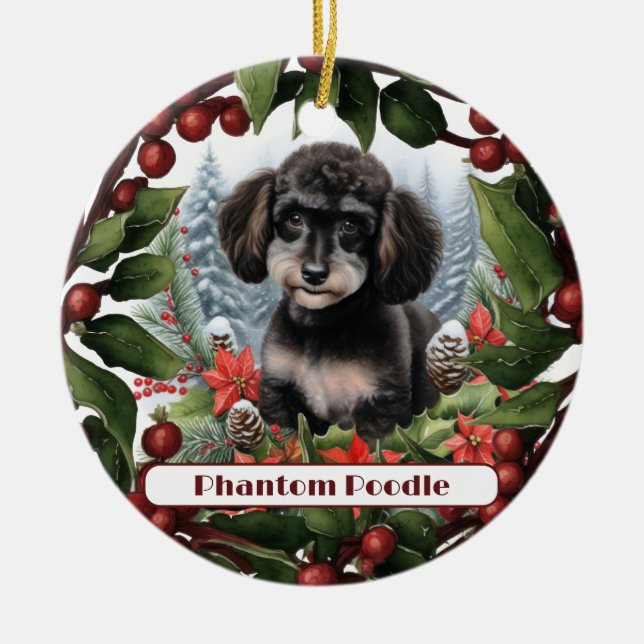 Cheerful Teacup Phantom Poodle Christmas Ceramic Ornament (Front)