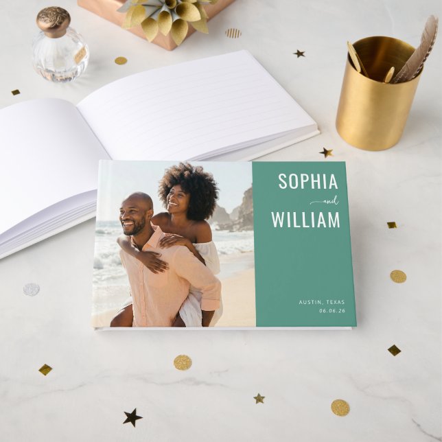 Cheerful Teal Beach Photo Guest Book (Front Open)